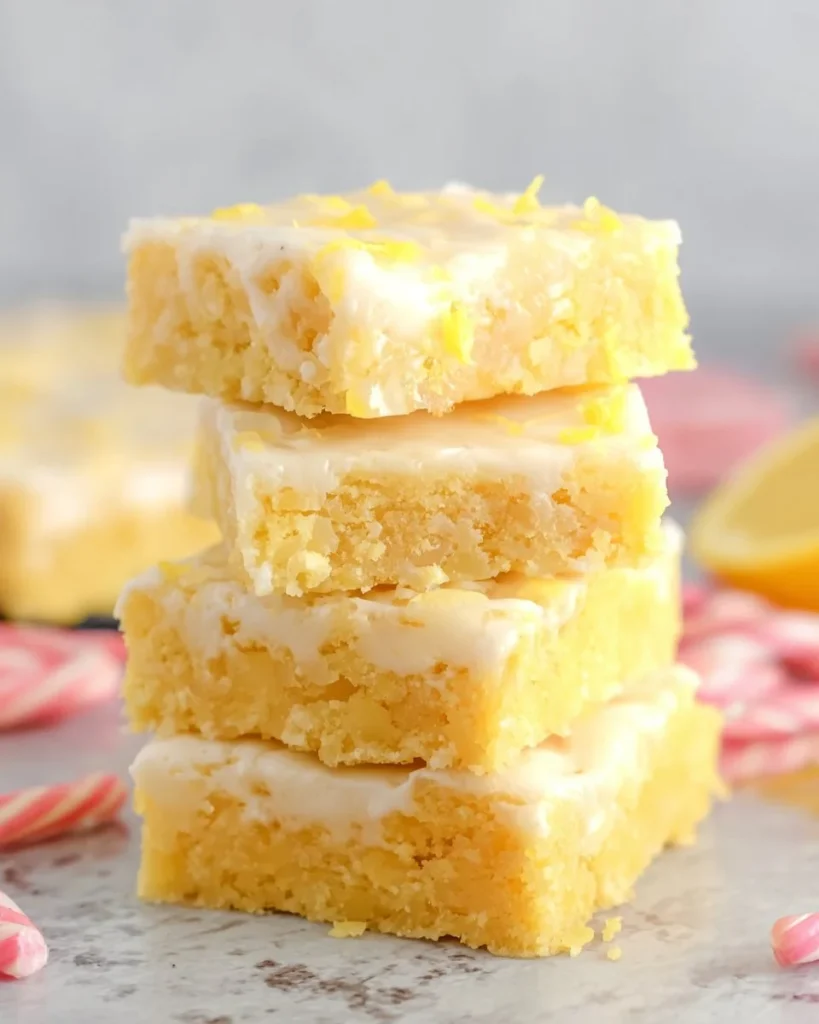 Delicious lemon brownies topped with a dusting of powdered sugar