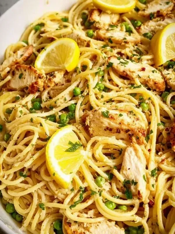 Lemon Chicken Pasta with fresh herbs, grilled chicken, and lemon sauce.