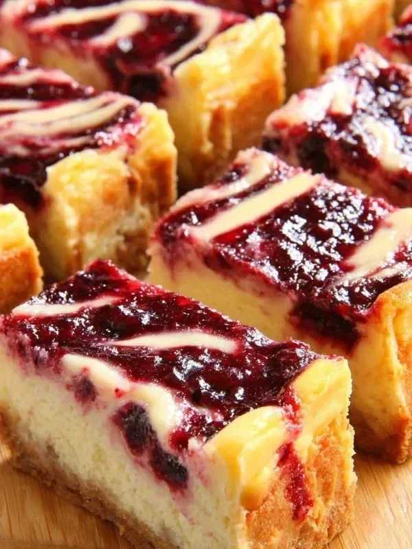 Delicious lemon raspberry cheesecake bars with glossy berry topping.