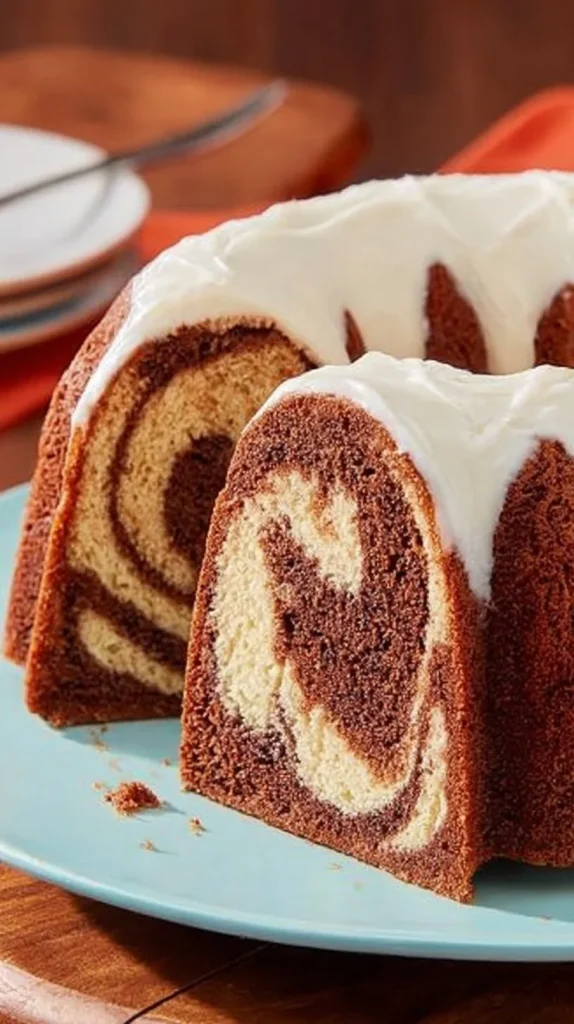 Delicious homemade marble cake with chocolate and vanilla swirls
