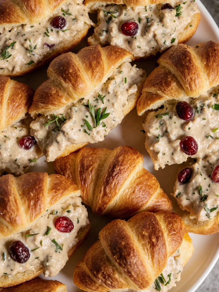 Mini chicken salad croissant sandwiches on a platter