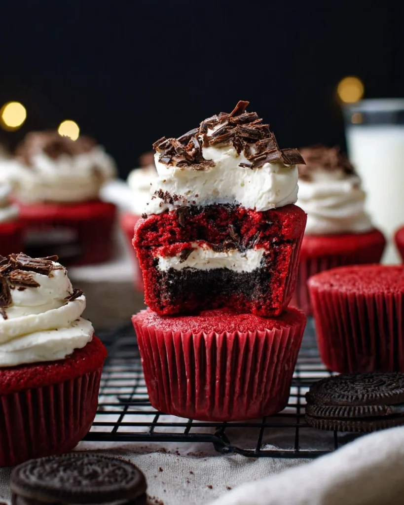 Mini Red Velvet Oreo Cheesecakes topped with cream cheese frosting.