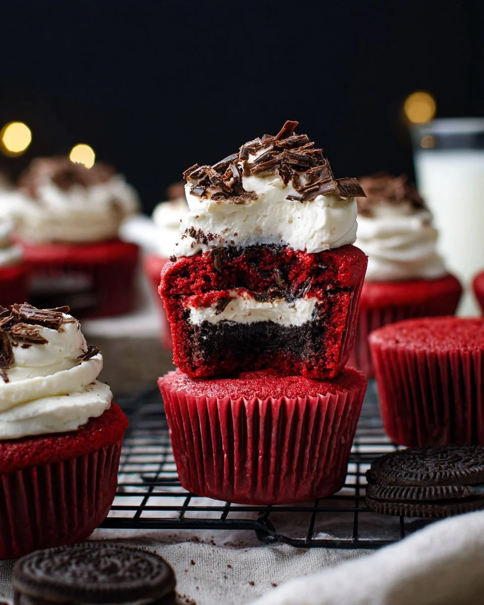 Mini Red Velvet Oreo Cheesecakes topped with cream cheese frosting.