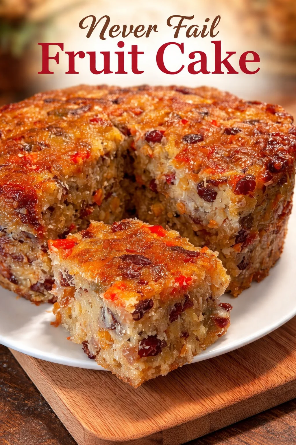 Delicious never fail fruit cake topped with colorful dried fruits and nuts