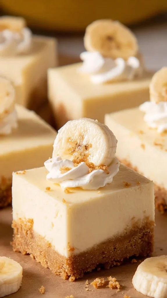 No bake banana pudding cheesecake bars topped with banana slices and whipped cream.