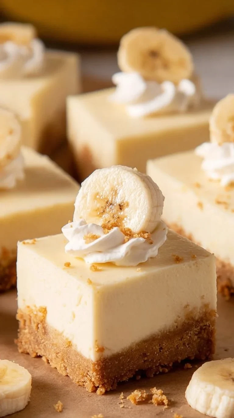 No bake banana pudding cheesecake bars topped with banana slices and whipped cream.