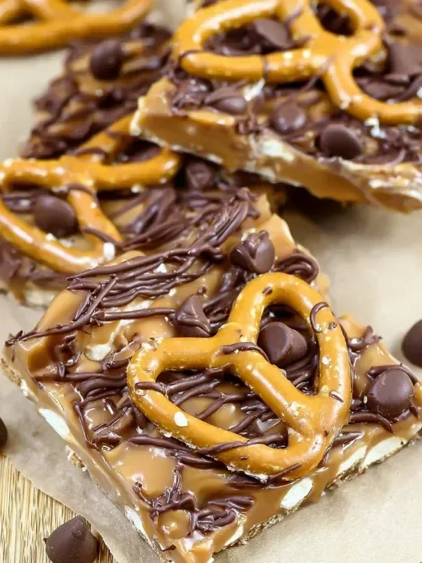Delicious No Bake Caramel Pretzel Crack Bars ready to enjoy