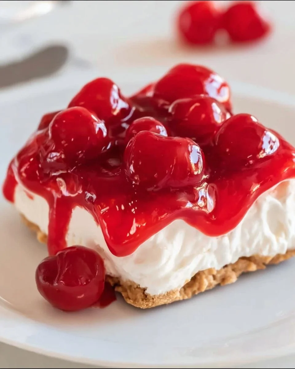 No-bake cherry cheesecake topped with fresh cherries and whipped cream