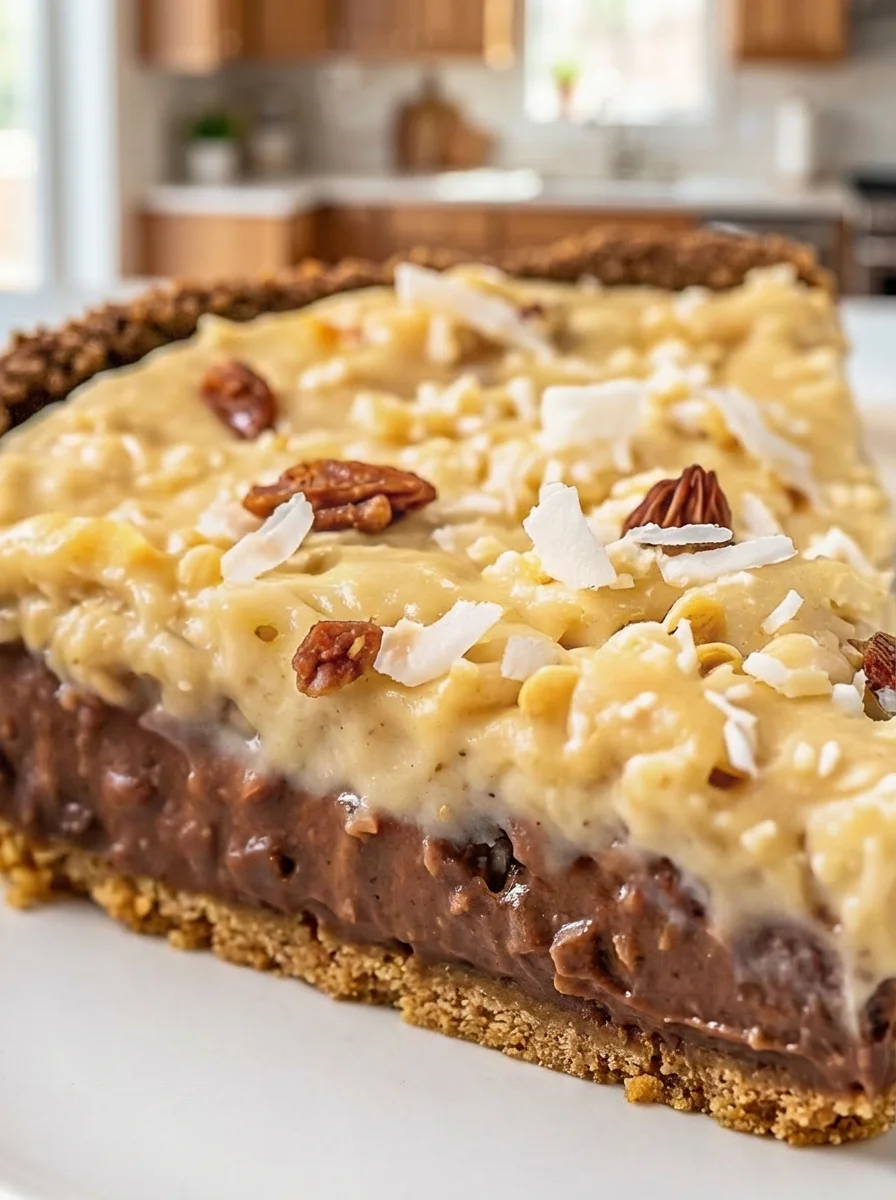 No-bake German chocolate pie topped with coconut and pecans.