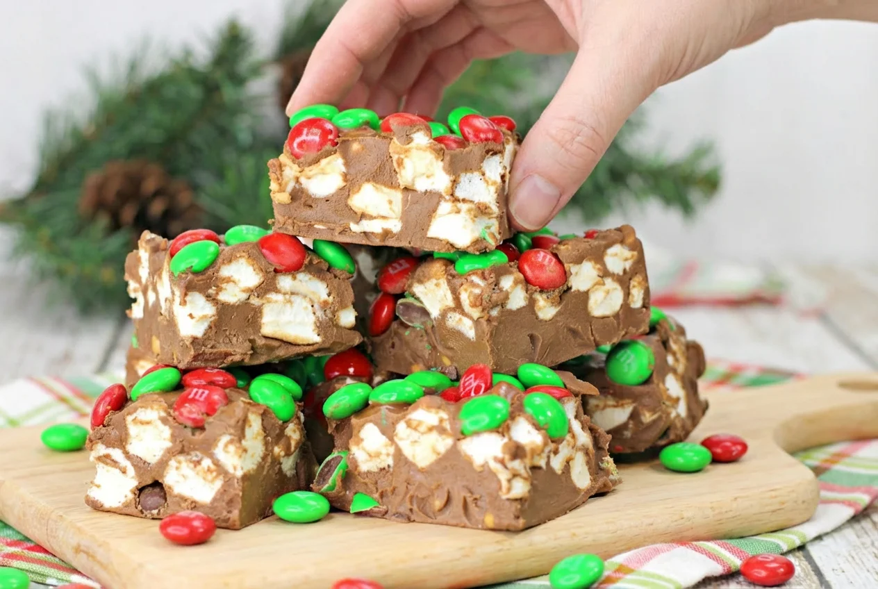 No bake holiday marshmallow bars with festive toppings for a sweet treat