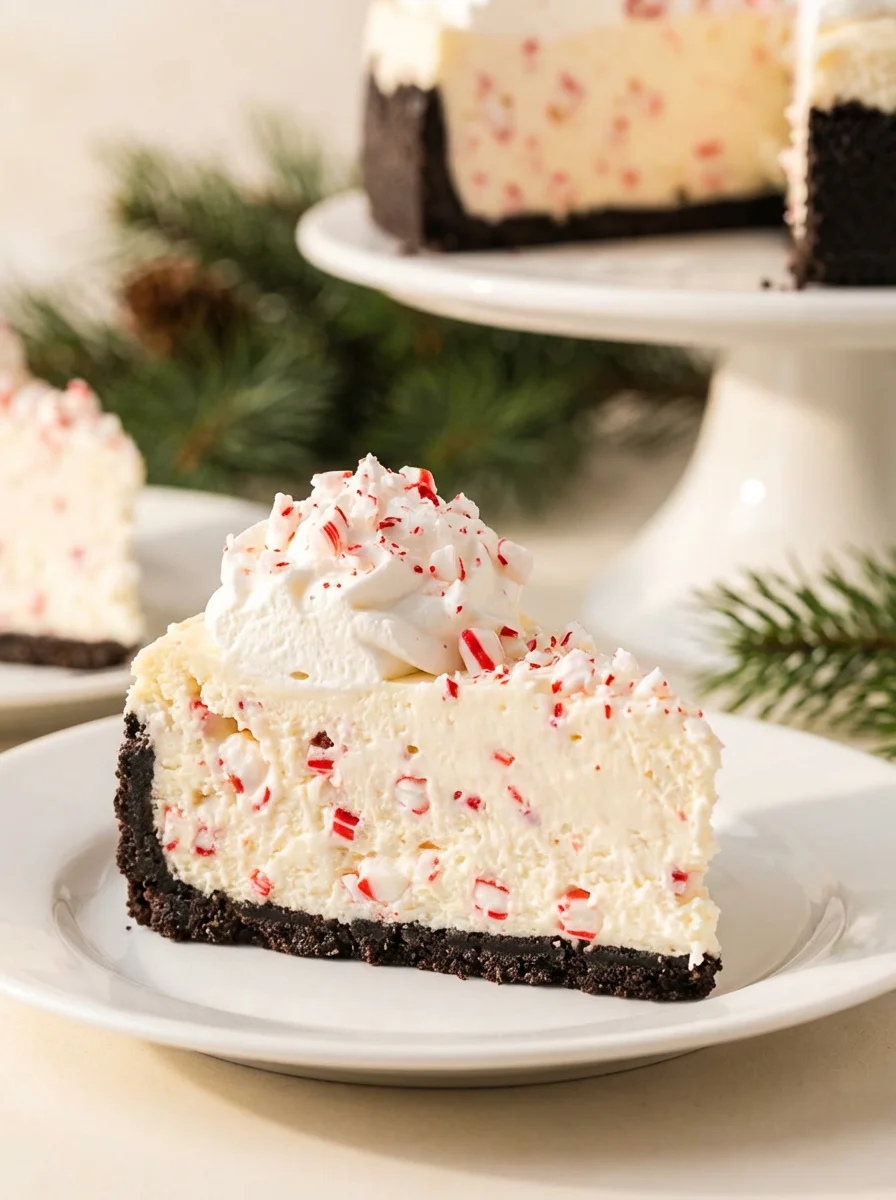 Delicious no bake peppermint cheesecake topped with mint and chocolate