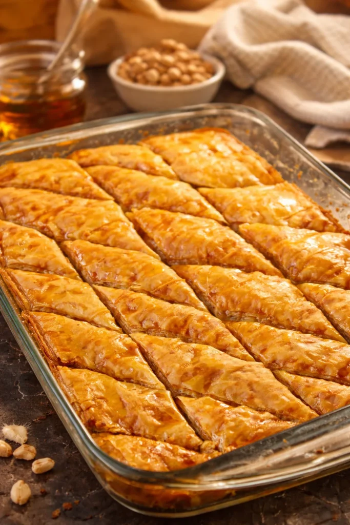 Old fashioned baklava with layers of pastry, nuts, and honey drizzle