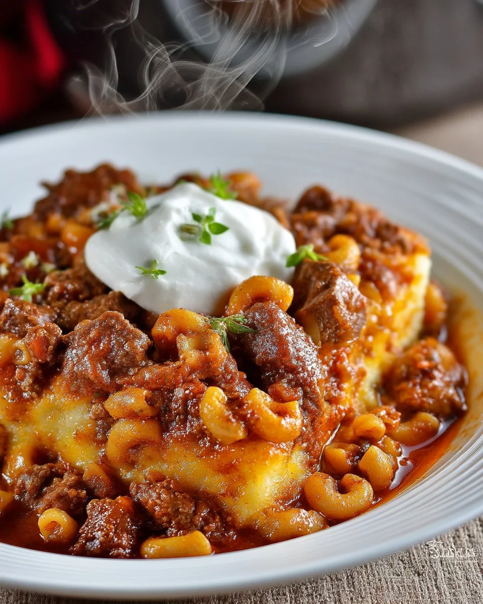 Bowl of old-fashioned goulash garnished with parsley and served with bread.