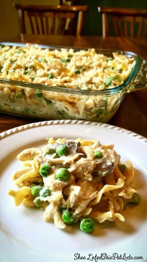 Bowl of old fashioned tuna noodle casserole topped with breadcrumbs and parsley