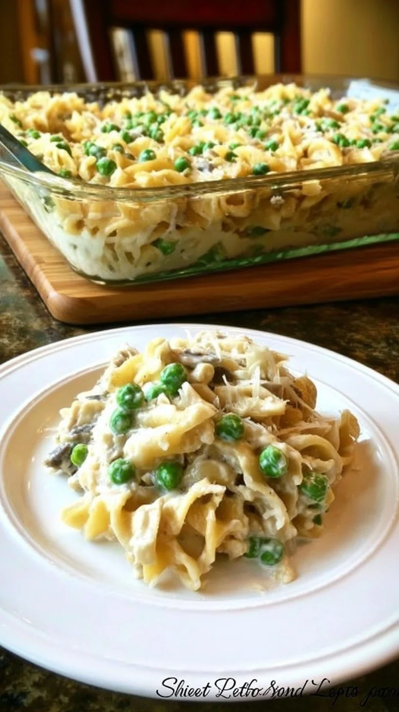 A delicious serving of old fashioned tuna noodle casserole topped with crispy breadcrumbs.