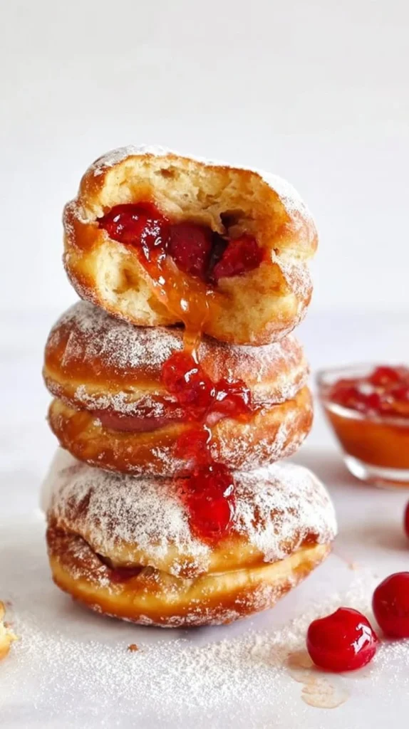 Delicious Paczki, traditional Polish donuts filled with custard and jam.