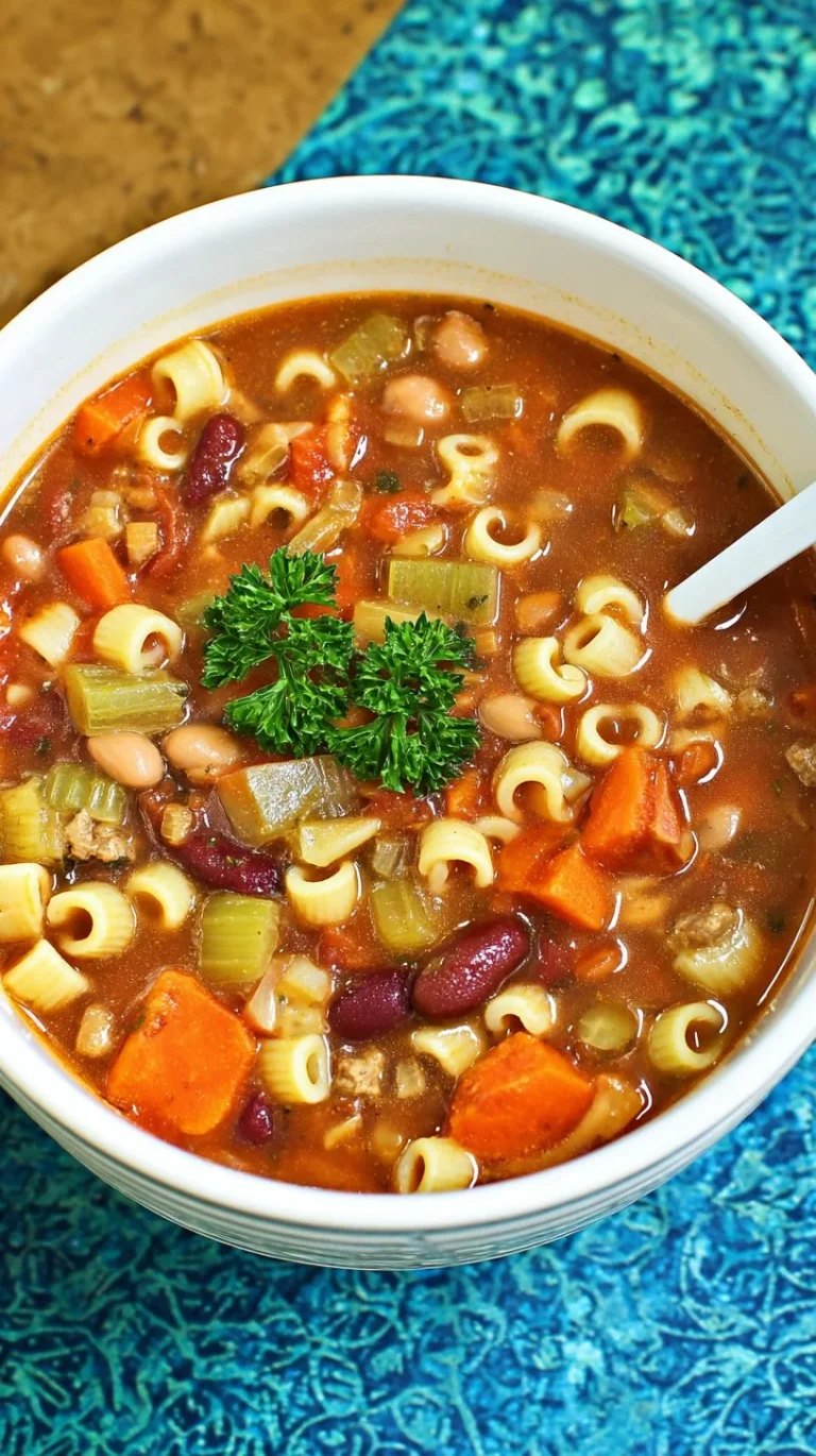 A bowl of hearty Pasta and Beans Soup with a sprinkle of herbs on top.