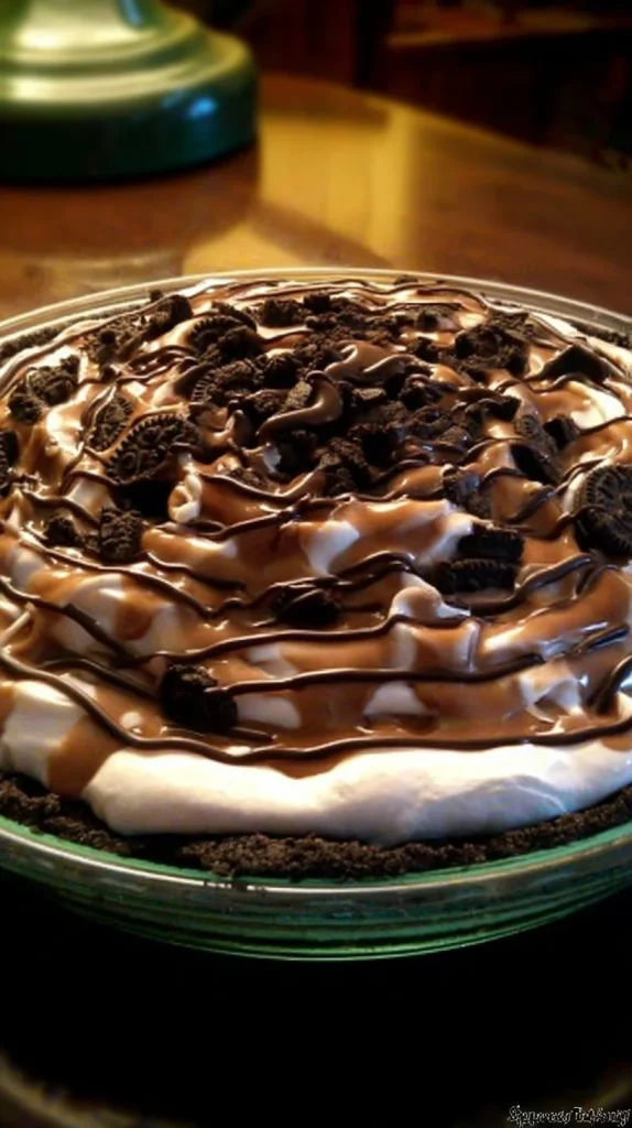 Delicious Peanut Butter Brownie Pie topped with creamy peanut butter swirl and chocolate drizzle