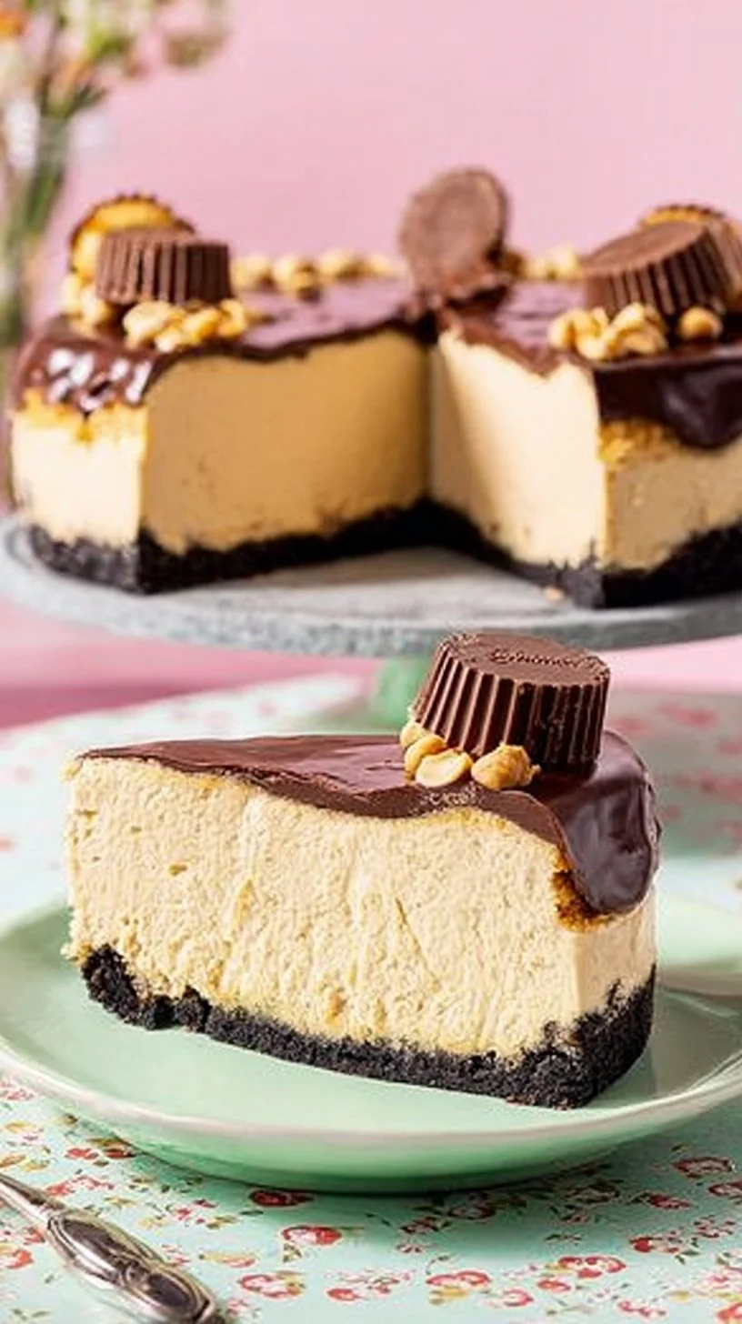 Delicious peanut butter cheesecake topped with chocolate drizzle