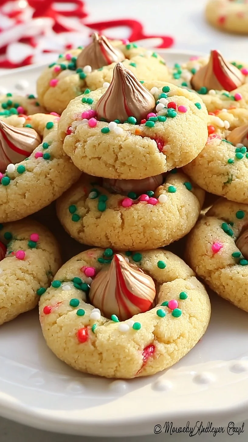 Baked peanut butter Christmas cookies on a festive plate.