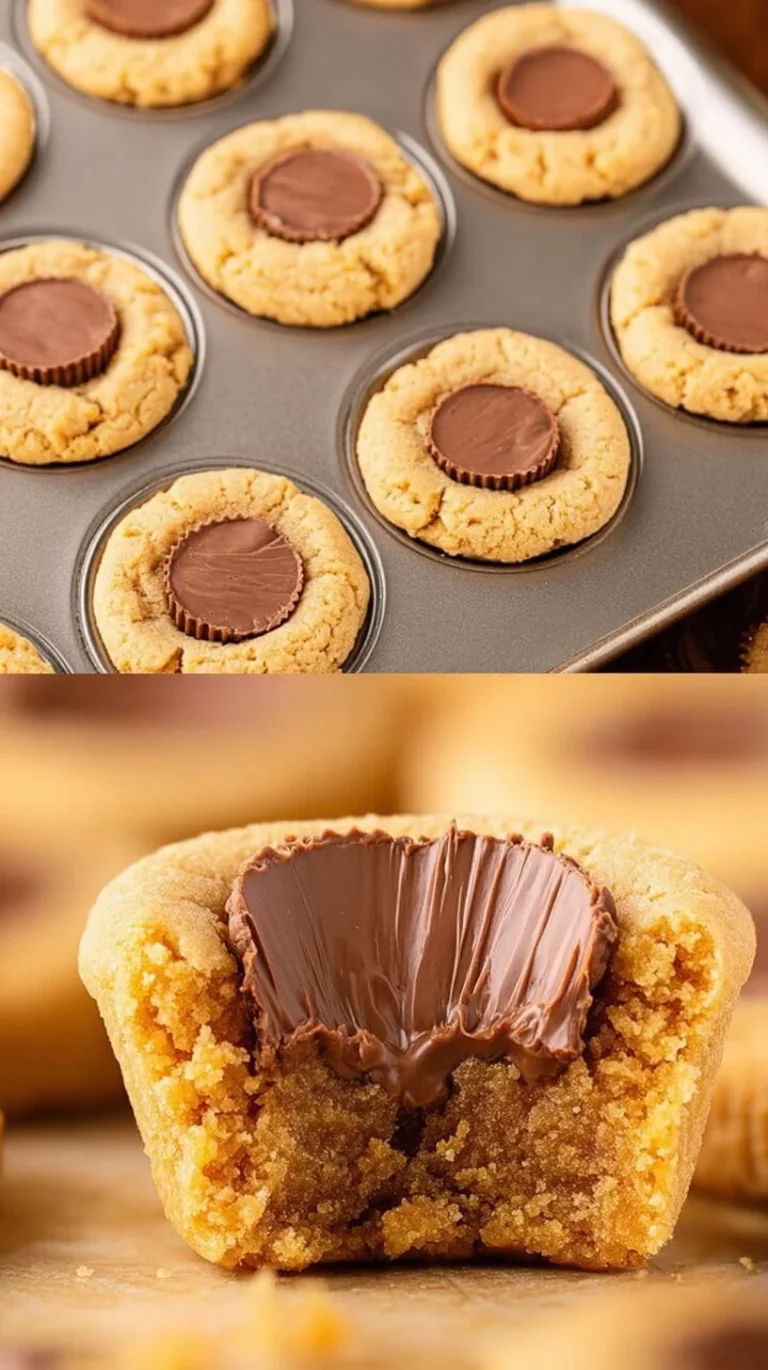 Delicious Peanut Butter Cookie Cups topped with chocolate and a creamy filling