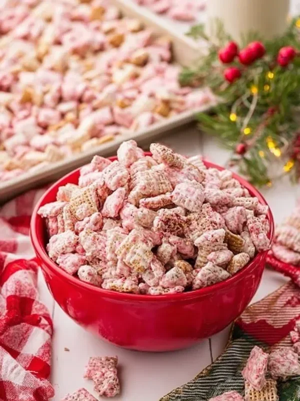Bowl of delicious Peppermint Bark Puppy Chow topped with festive peppermint pieces