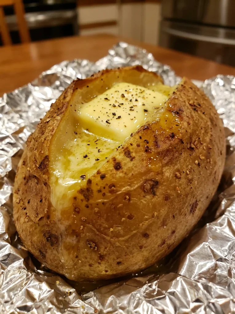 Perfectly baked potato with crispy skin and fluffy inside, served with toppings.