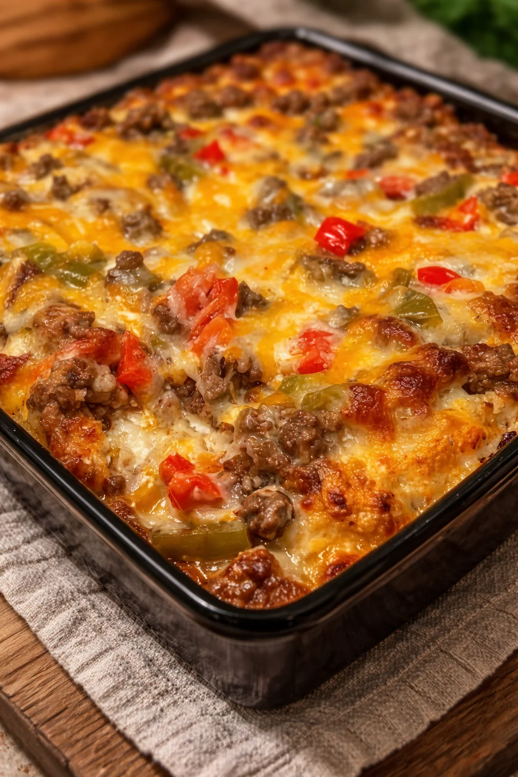 Philly Cheesesteak Casserole with melted cheese and sautéed peppers and onions