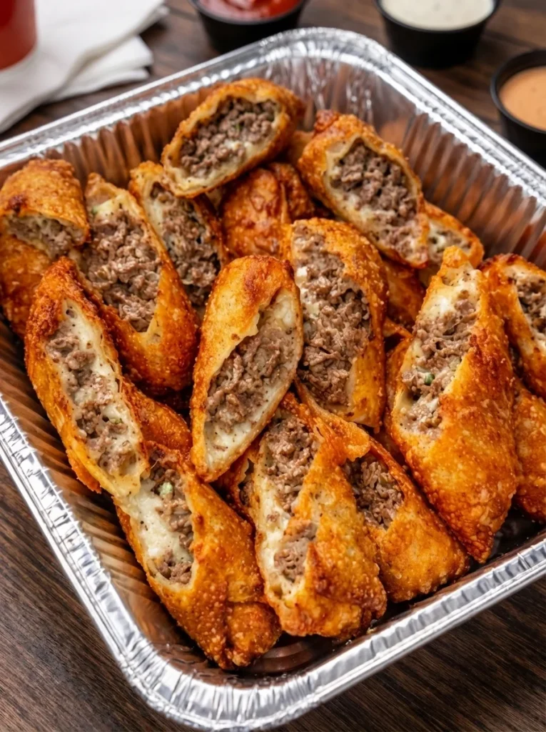 Philly Cheesesteak Egg Rolls served on a plate with dipping sauce