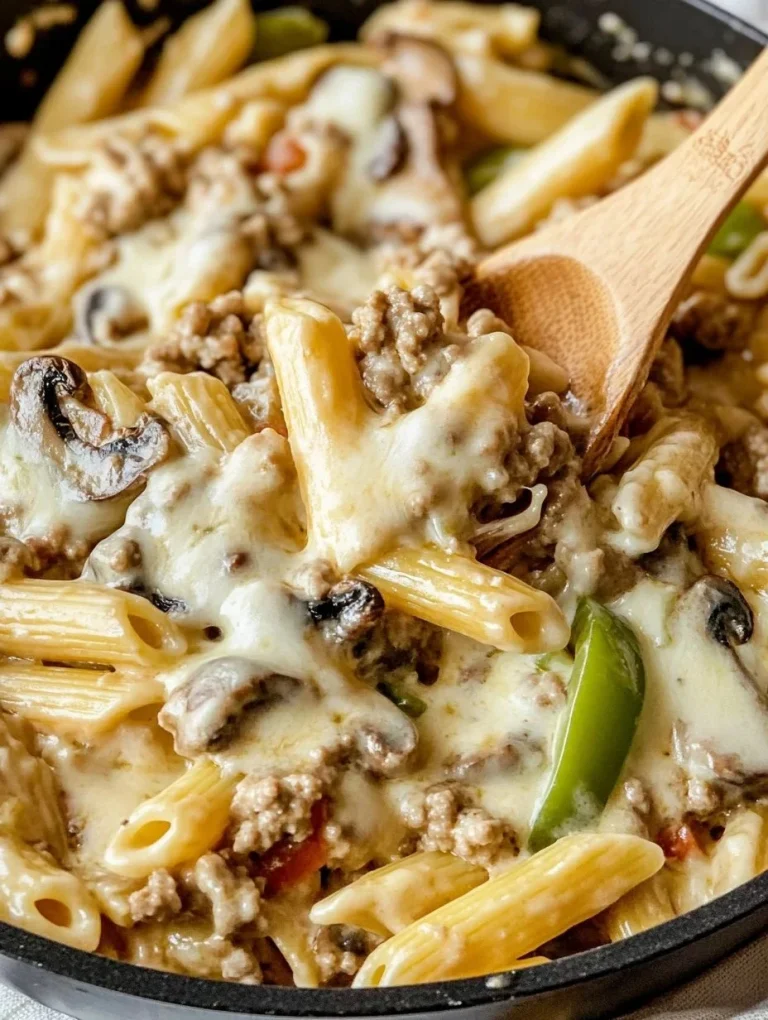 Creamy Philly Cheesesteak Pasta with peppers and onions on a plate