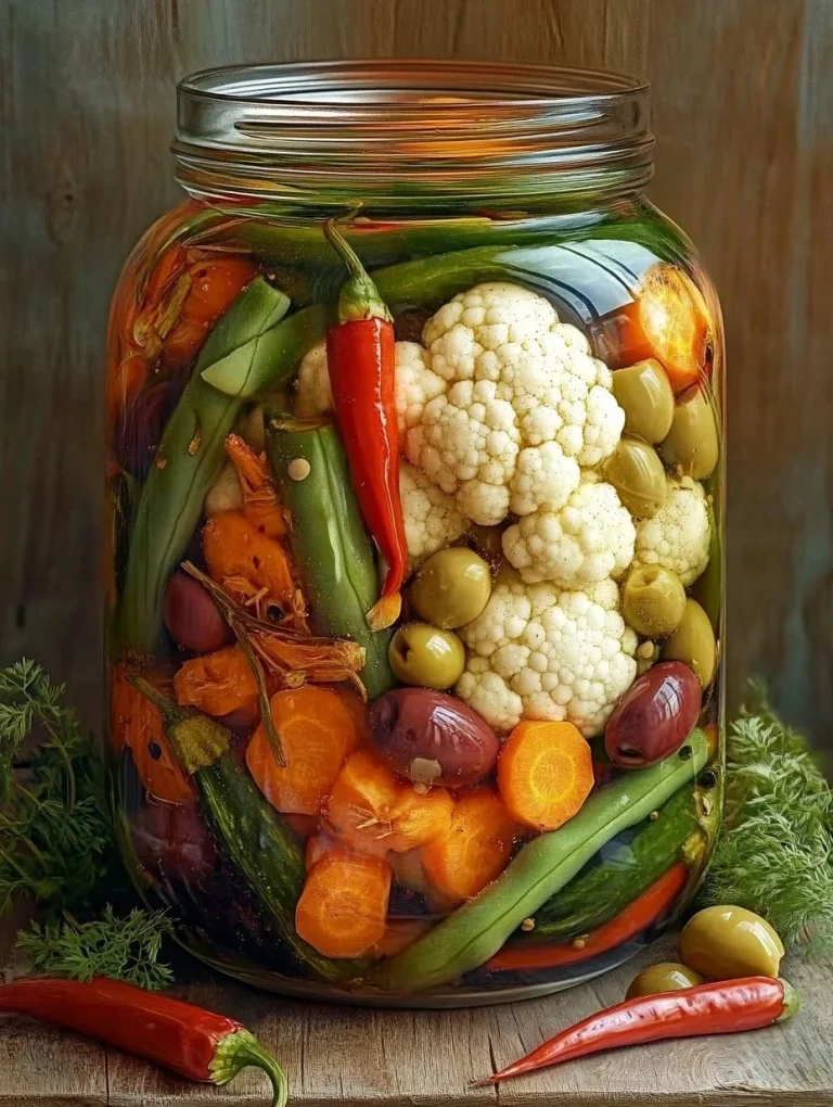 A colorful assortment of pickled mixed vegetables in a jar.