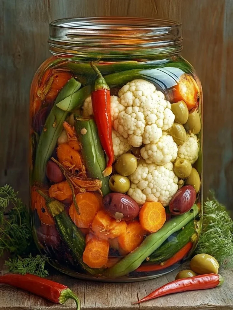 A colorful assortment of pickled mixed vegetables in a jar.