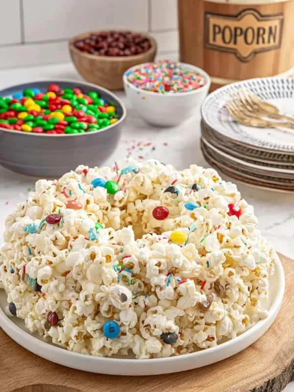 Delicious popcorn cake made with fluffy popcorn and sprinkles