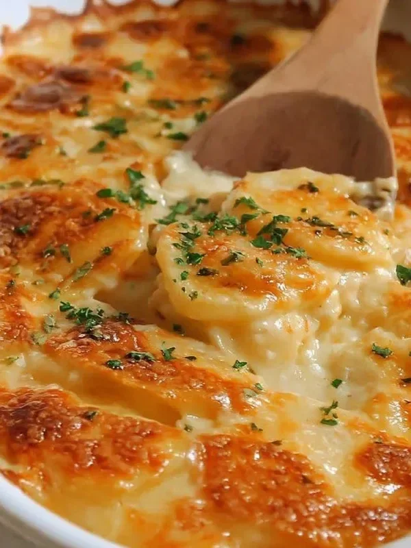 Deliciously baked potatoes au gratin topped with cheese and herbs.