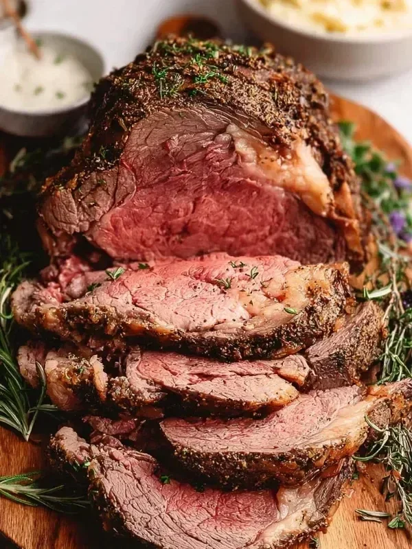 Delicious bone-in prime rib roast, perfectly seasoned and cooked for flavor