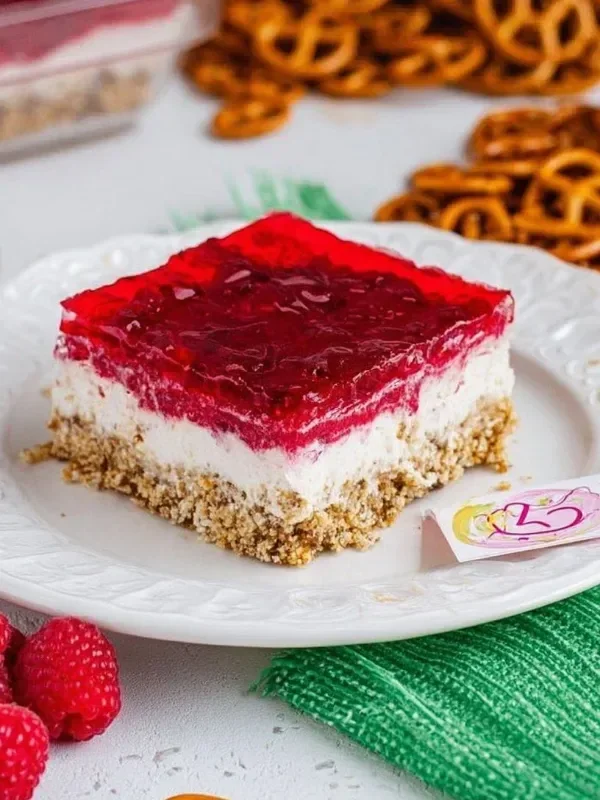 Delicious Raspberry Pretzel Salad with creamy filling and crunchy pretzel crust