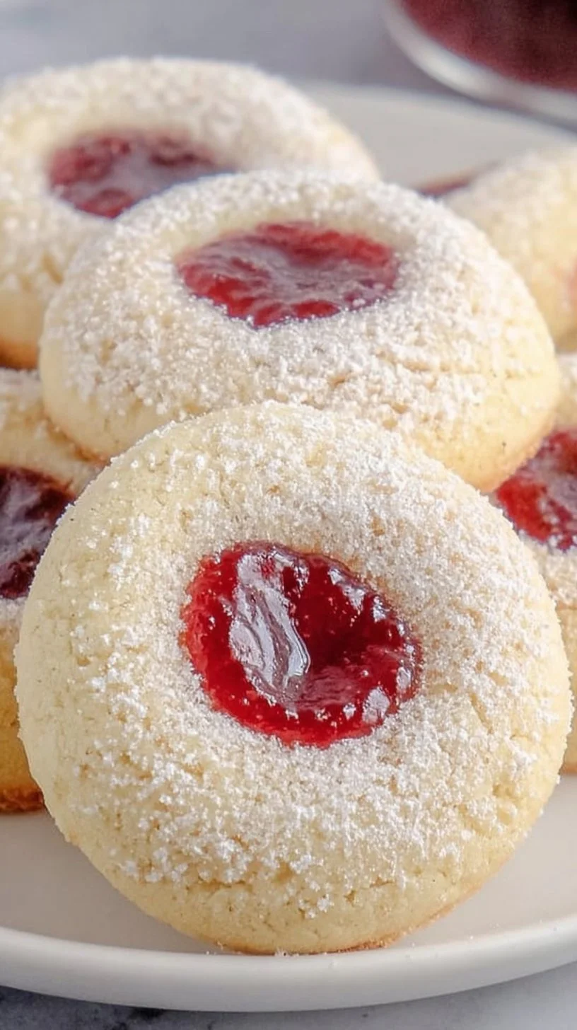 Freshly baked Raspberry Thumbprint Cookies with vibrant raspberry jam filling.