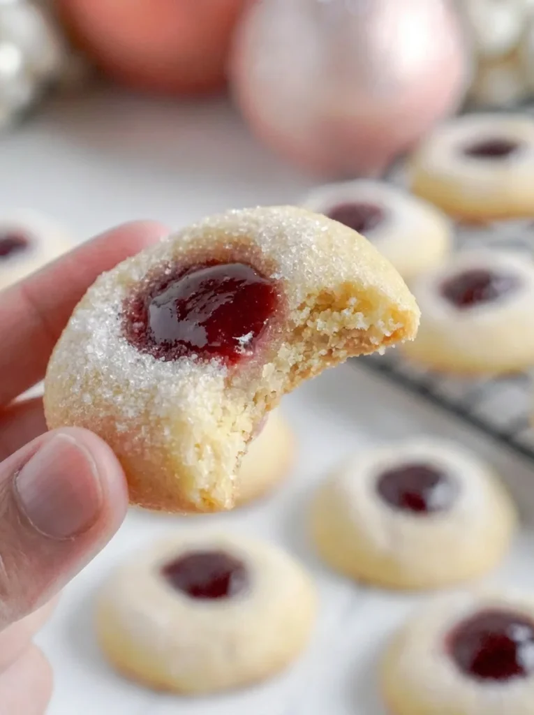 Freshly baked Raspberry Thumbprint Cookies with raspberry jam