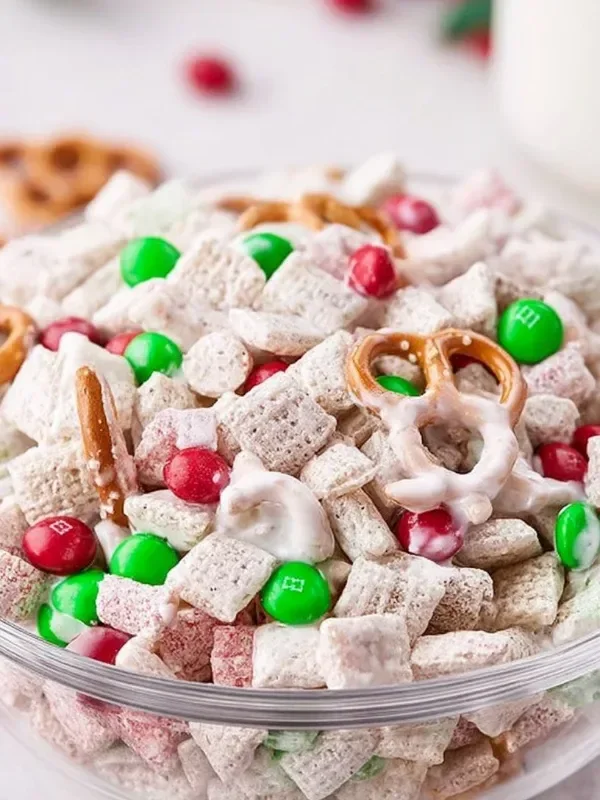 Festive Reindeer Chow Chex Mix with sweet and salty ingredients in a bowl.