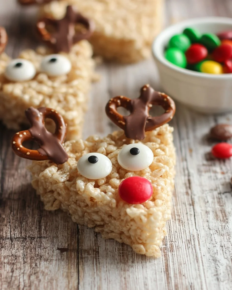 Festive Reindeer Rice Krispie Treats decorated with chocolate and candy eyes