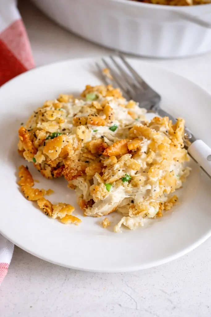 Delicious Ritz Cracker Chicken Casserole topped with crunchy Ritz crackers.