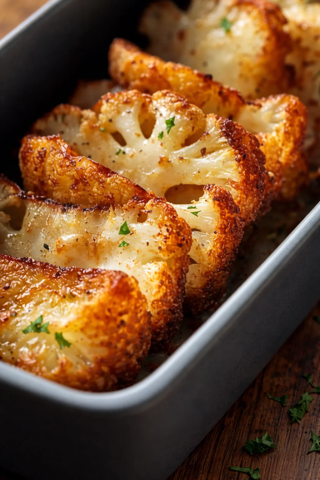 Oven-roasted cauliflower florets seasoned with spices and herbs.