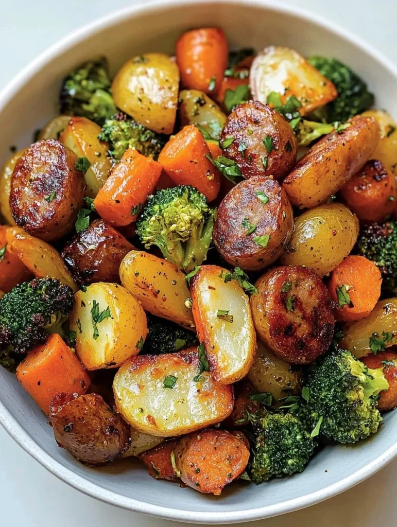 Delicious roasted sausage with colorful vegetables on a serving plate.