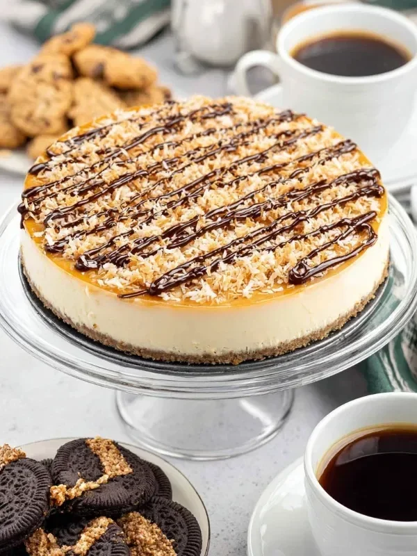 Delicious Samoa Cheesecake topped with caramel, coconut, and chocolate.