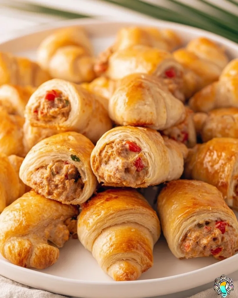 Sausage Cream Cheese Crescent Rolls on a platter, golden and flaky.