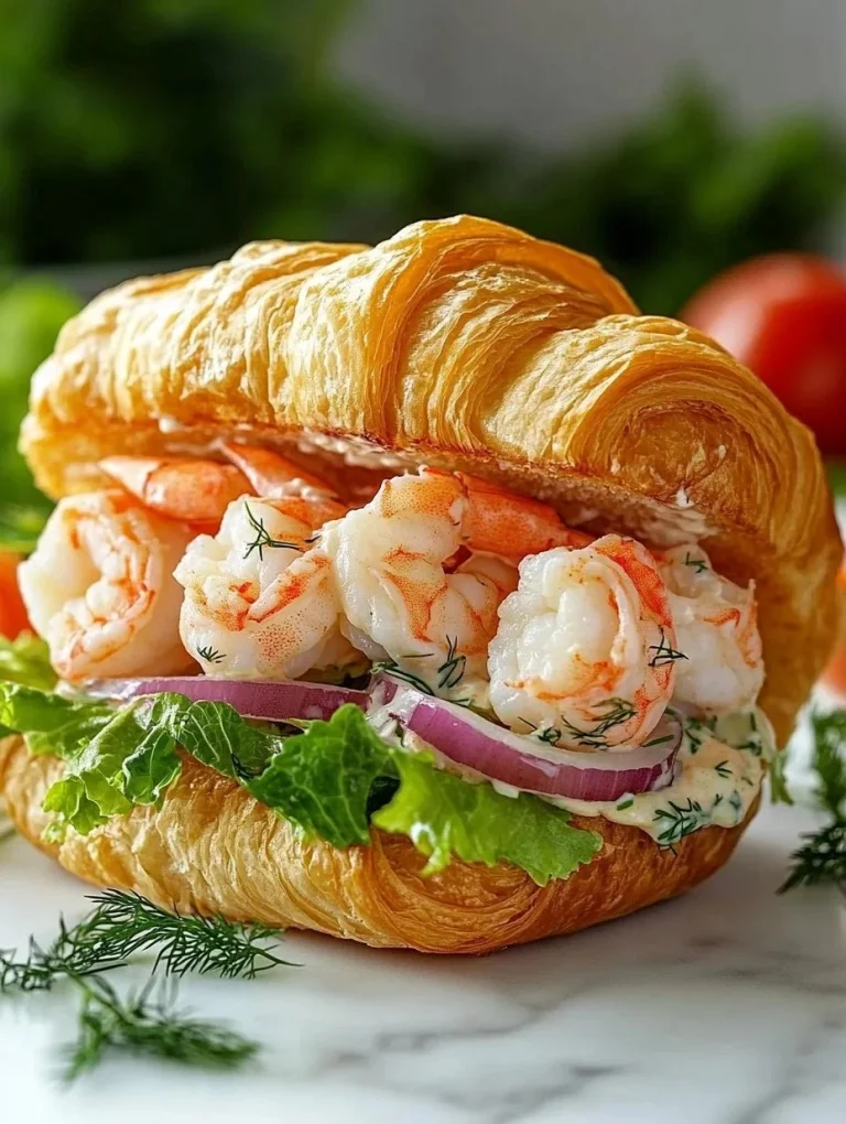 Shrimp salad croissant sandwich with fresh ingredients on a plate