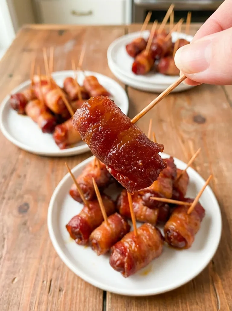 Slow Cooker Bacon Wrapped Smokies served on a platter for a party appetizer.