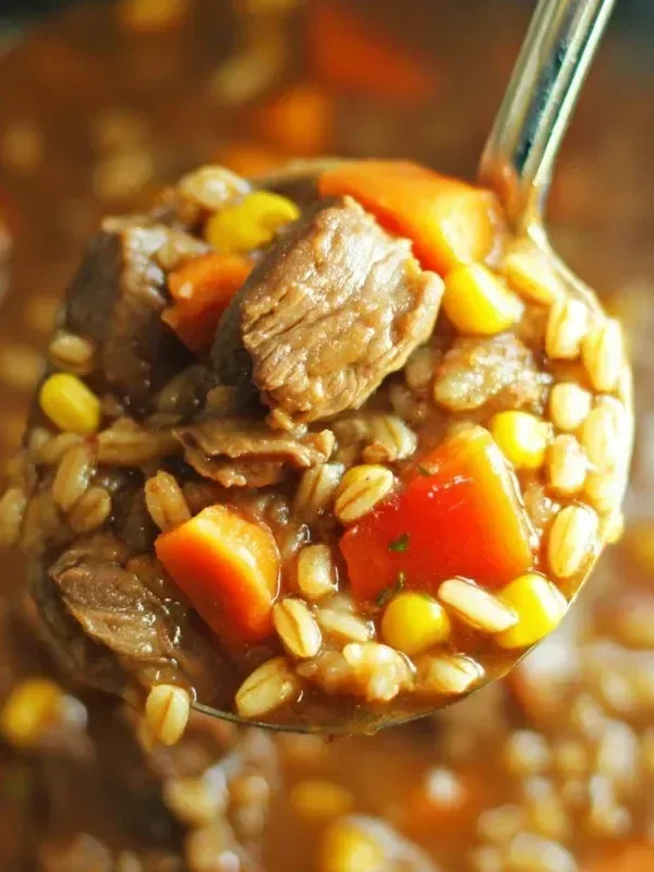 Slow cooker beef and barley soup in a bowl with fresh herbs