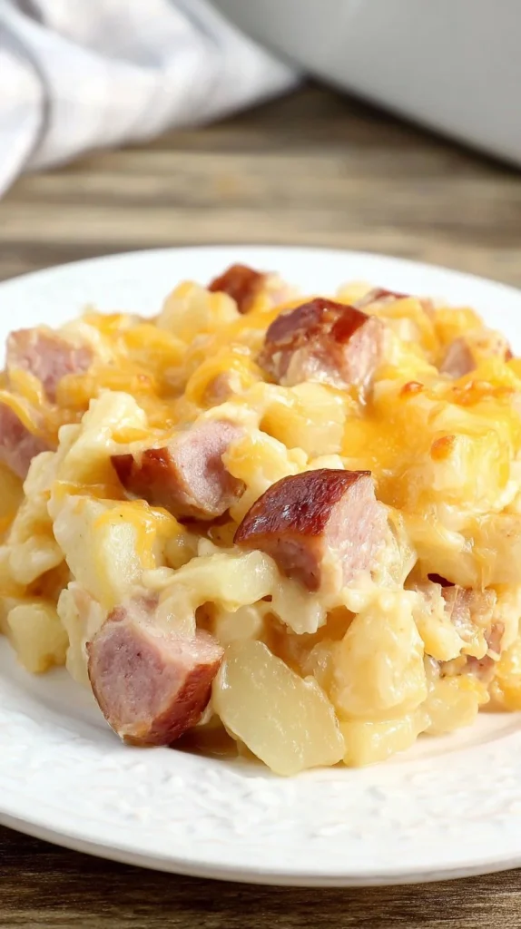 Slow Cooker Cheesy Kielbasa Hashbrown Casserole topped with melted cheese