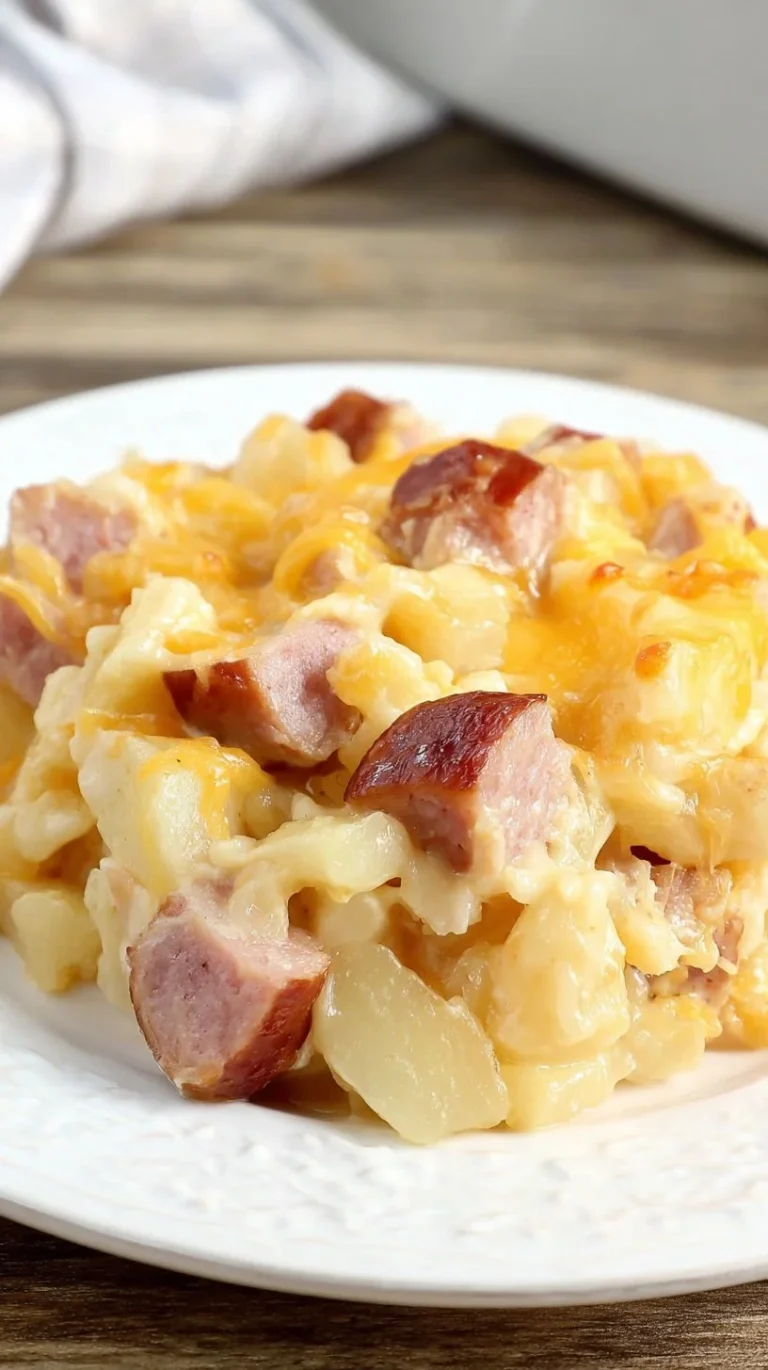 Slow Cooker Cheesy Kielbasa Hashbrown Casserole topped with melted cheese